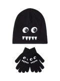 Lindex glow-in-the-dark beanie and gloves set black (British brand)
