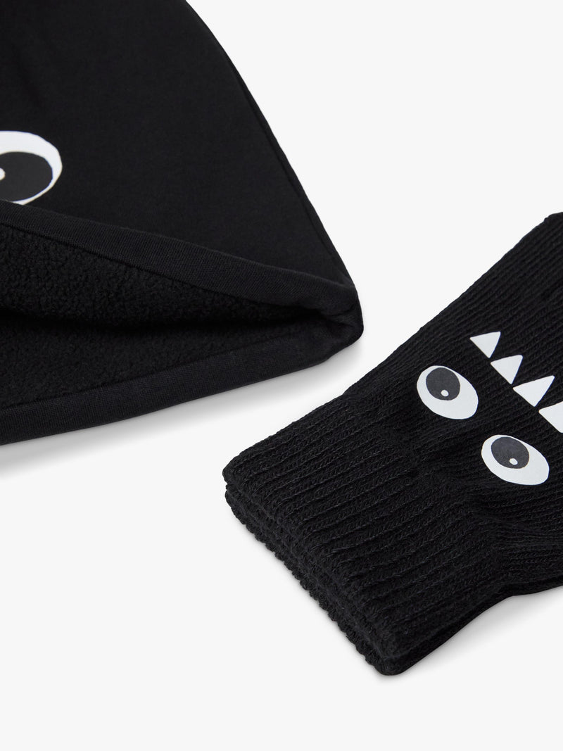 Lindex glow-in-the-dark beanie and gloves set black (British brand)