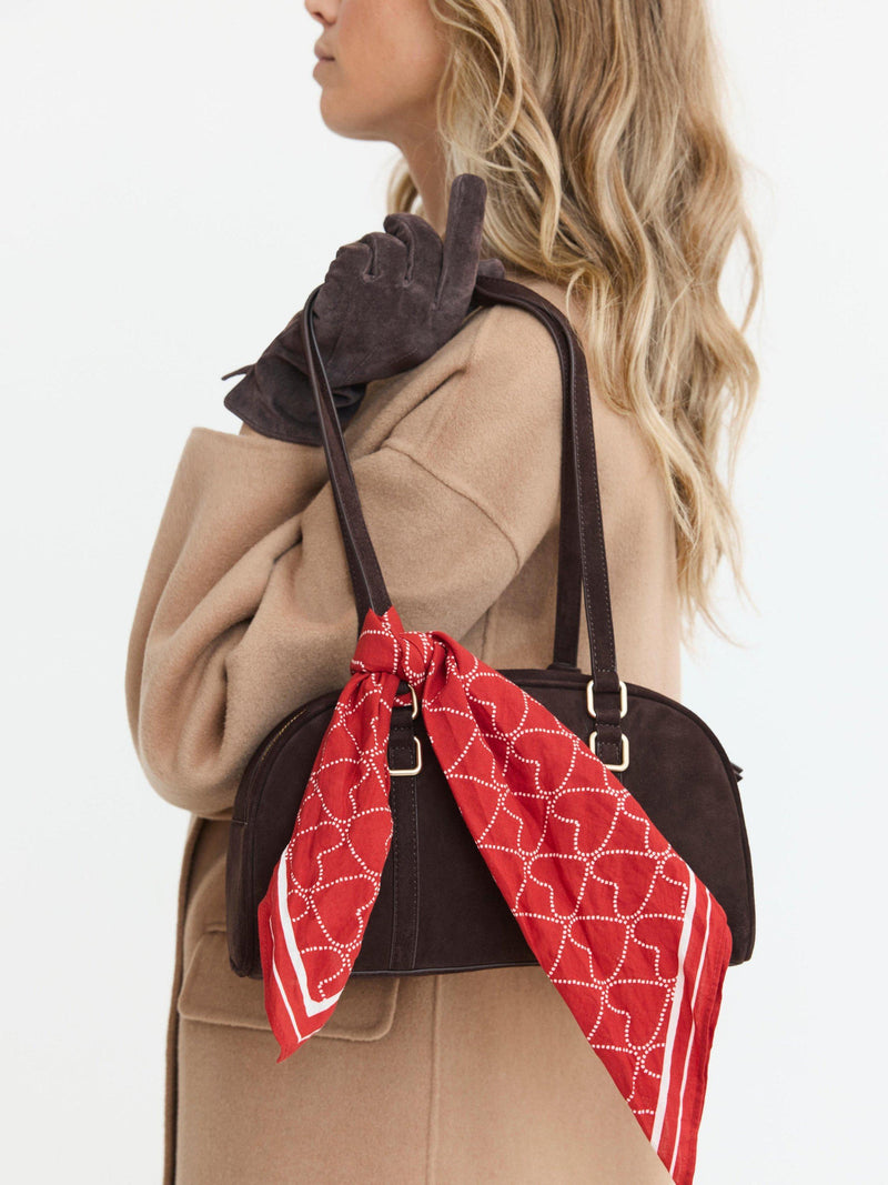 Mint Velvet suede crescent shoulder bag brown, imported from the UK