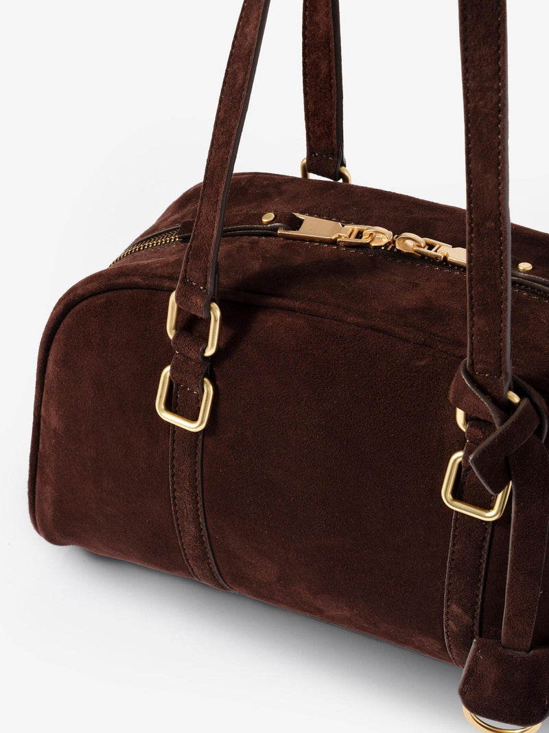 Mint Velvet suede crescent shoulder bag brown, imported from the UK