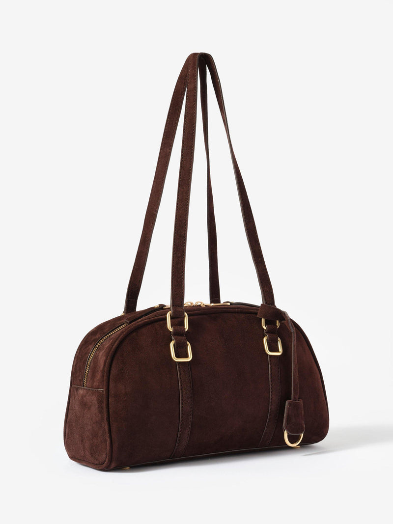 Mint Velvet suede crescent shoulder bag brown, imported from the UK