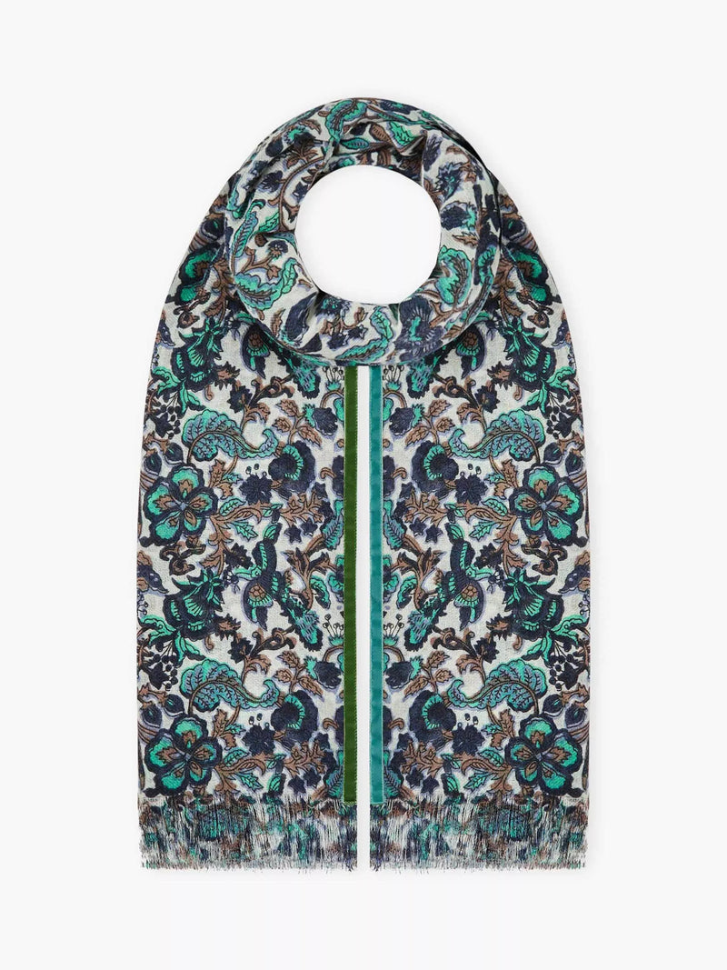 Brora botanical wool stole pearl indigo, imported from the UK