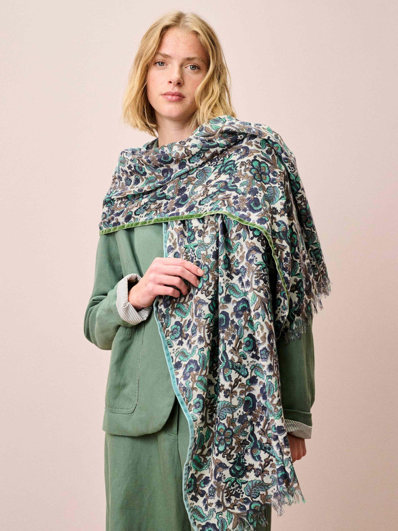 Brora botanical wool stole pearl indigo, imported from the UK