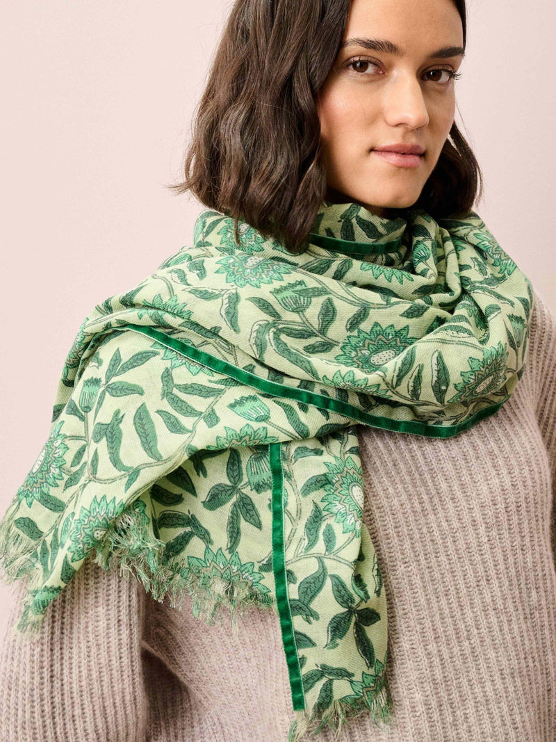 Brora pure wool stole pistachio botanical print 200cm (British brand)