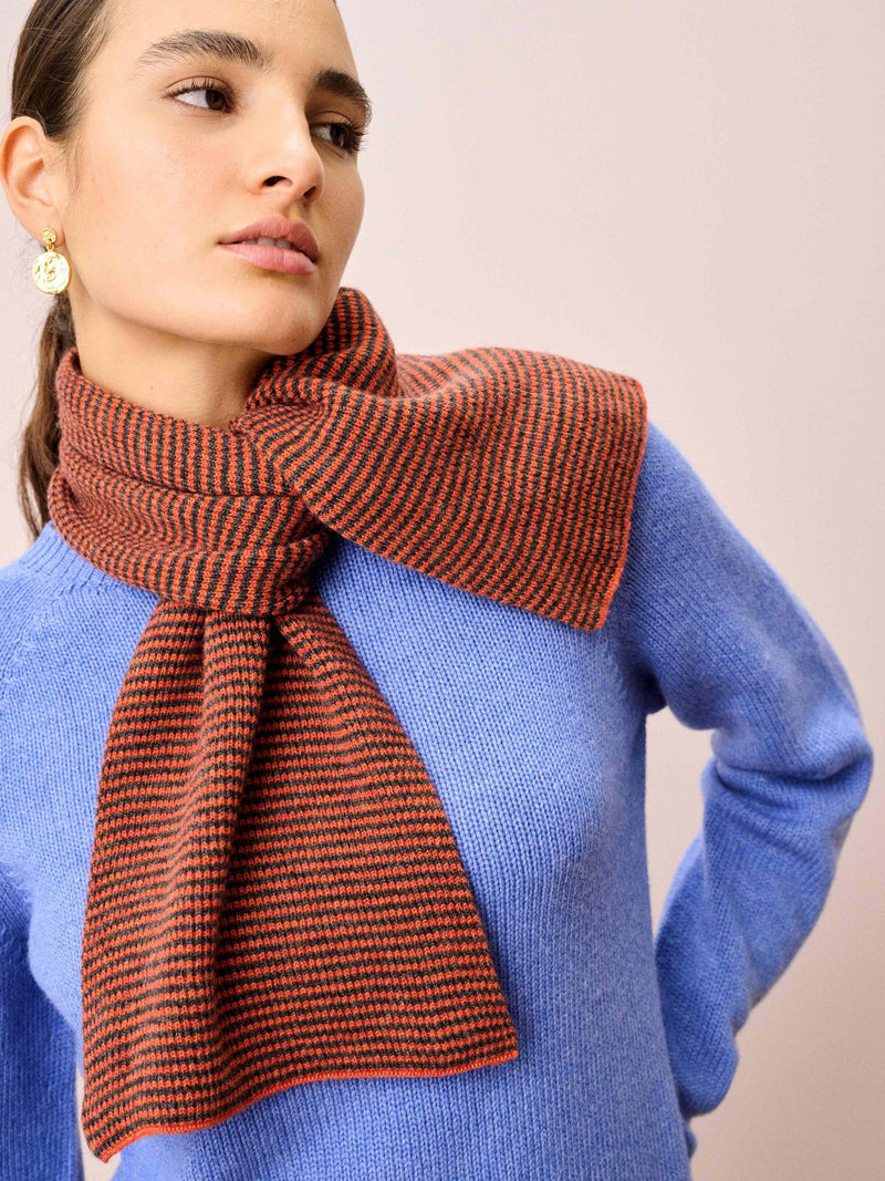 Brora fine stripe cashmere scarf spice smoke, imported from the UK
