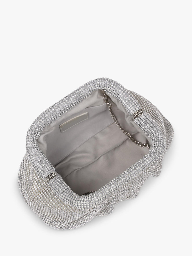 Paradox London silver ruched clutch bag with diamante details (British brand)