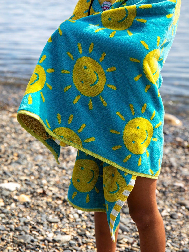 Frugi kids cotton sun towel in blue and multi, UK version