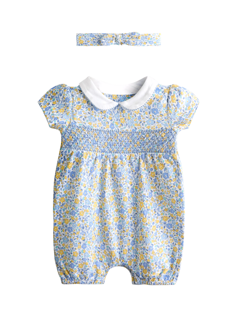 JoJo Maman Bébé baby romper set light blue floral smocked, imported from the UK