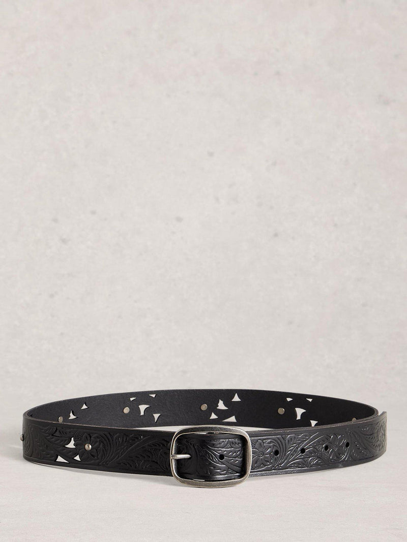 White Stuff floral embossed leather belt black - British product
