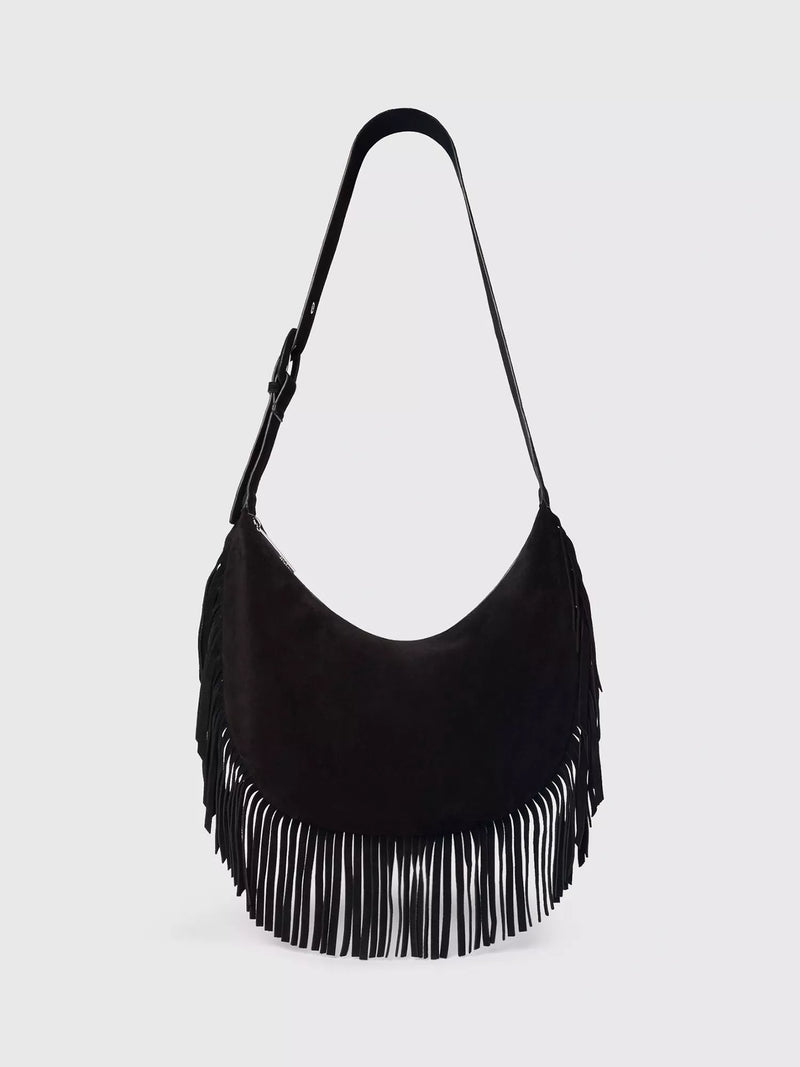 Whistles suede fringed shoulder bag black, UK version