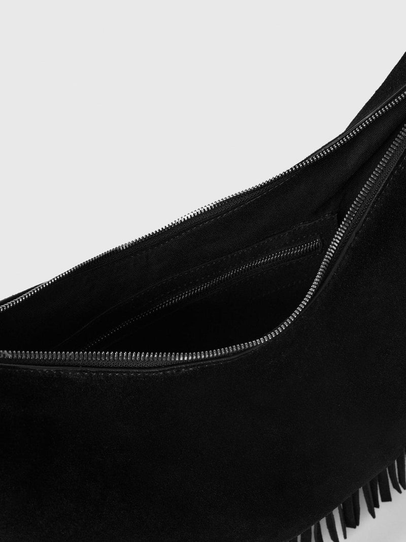 Whistles suede fringed shoulder bag black, UK version