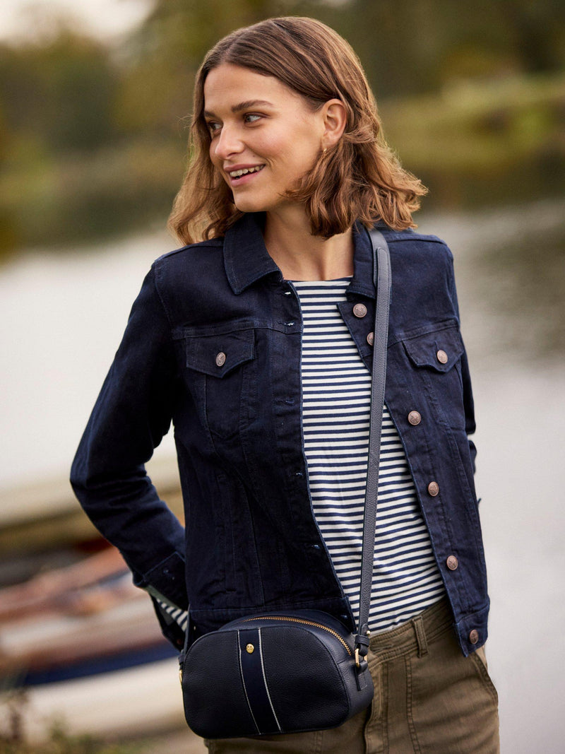 Crew Clothing Heritage Leather Camera Bag in navy (British brand)
