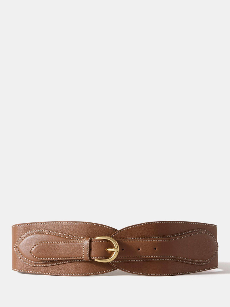 Mint Velvet wide waist leather belt with contrast stitching, imported from the UK