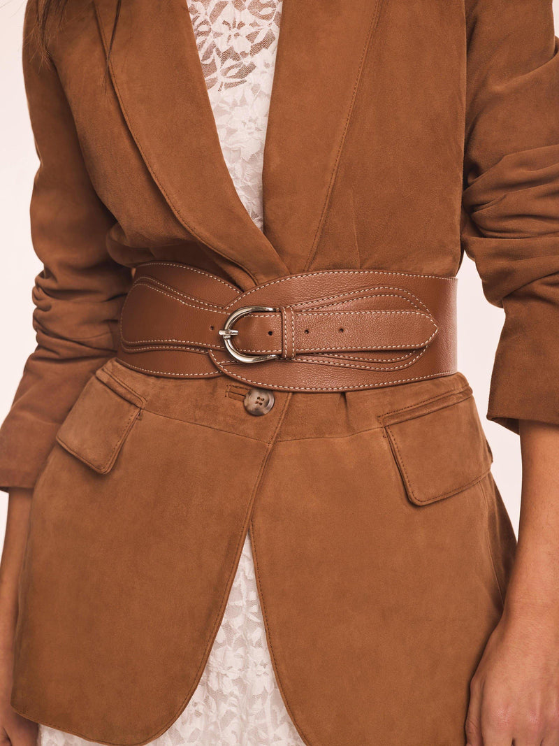 Mint Velvet wide waist leather belt with contrast stitching, imported from the UK