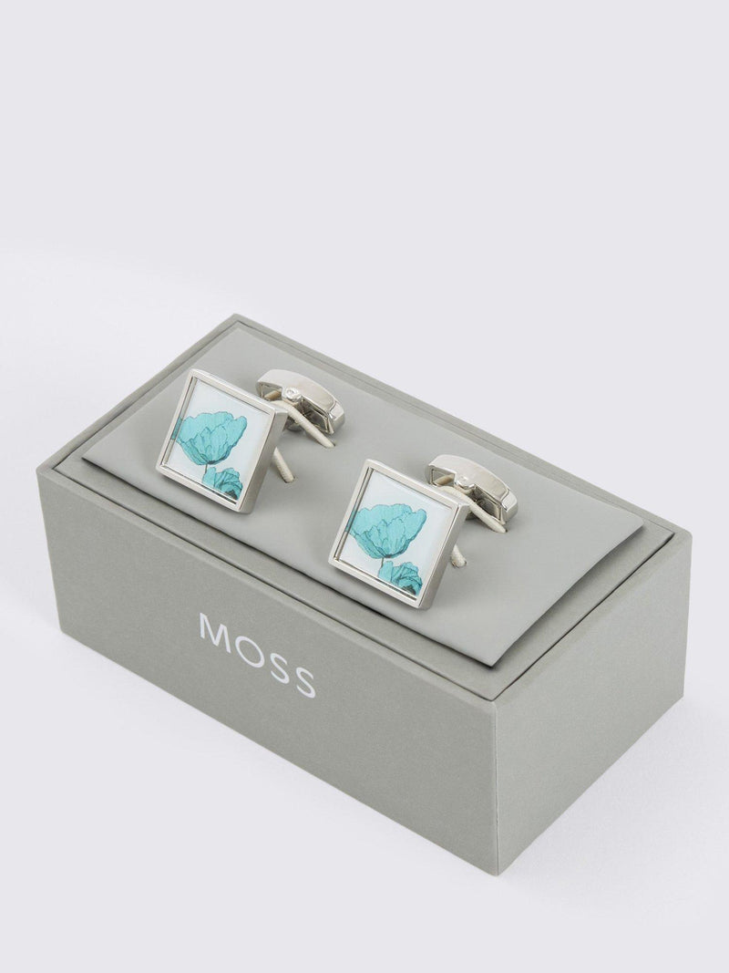 Moss poppy print square cufflinks in blue, UK version