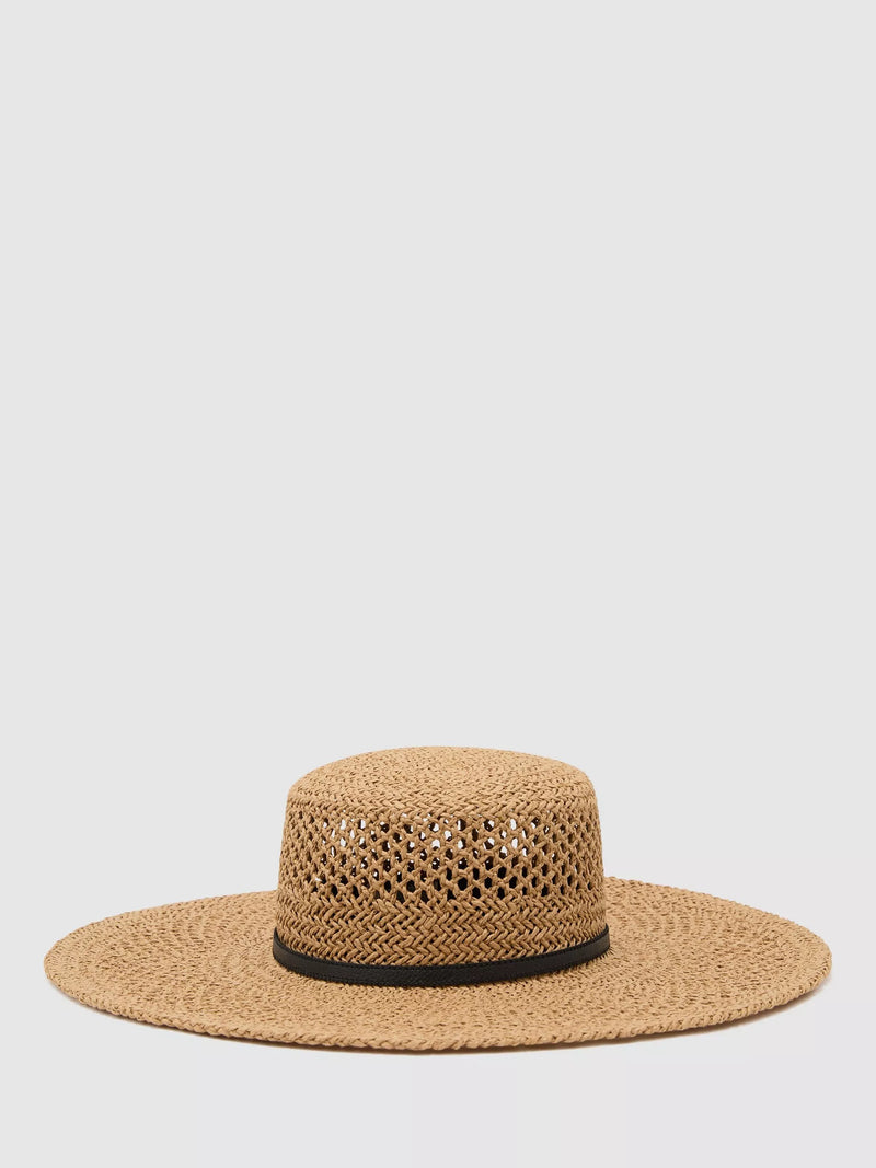Reiss Astrid straw hat brown leather band, imported from the UK