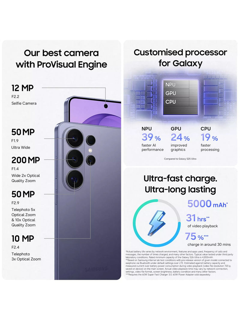 Samsung Galaxy S26 Ultra Cobalt Violet 256GB, imported from the UK