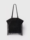 Whistles crochet fringe shoulder bag black, UK version