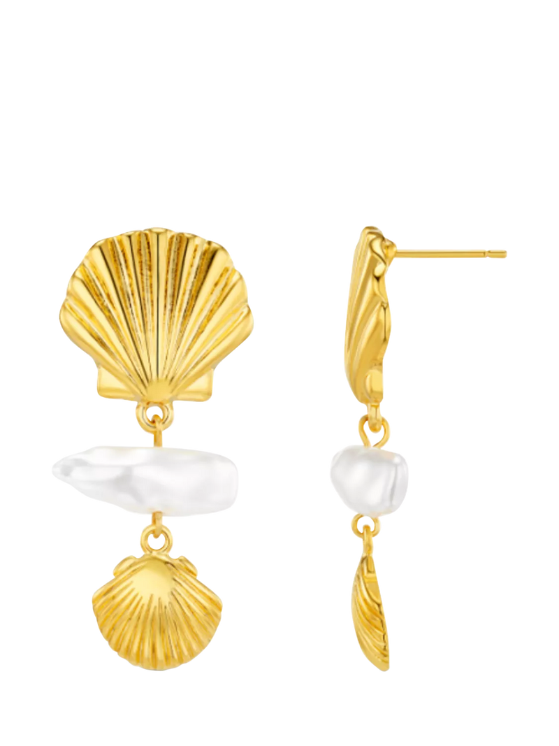 Orelia gold plated shell and faux pearl drop earrings, imported from the UK