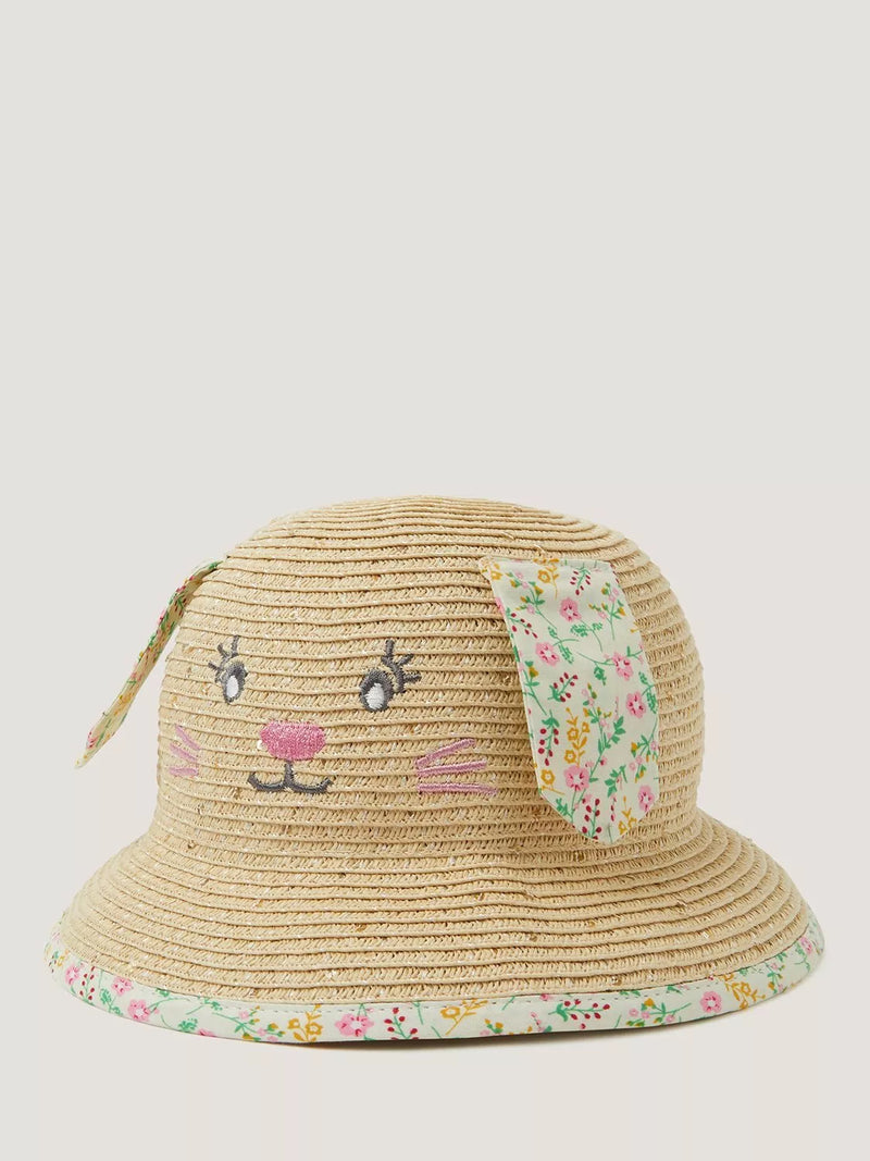 Monsoon baby straw hat with bunny face in multi, imported from the UK