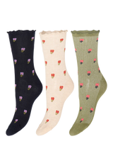 John Lewis ICHI Iaanne Floral Stripe Ankle Socks Pack of 3 Black/Cream/Green- Buy online at McGrocer