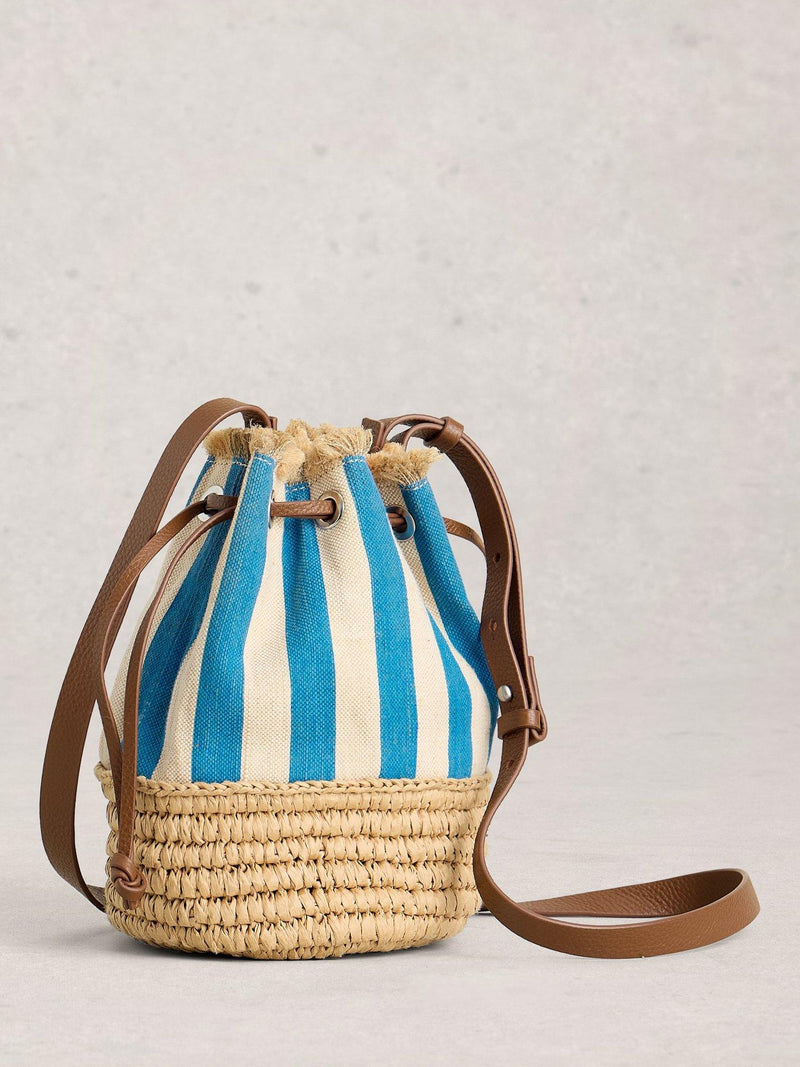 White Stuff Mia Stripe drawstring bag with canvas and raffia (British brand)
