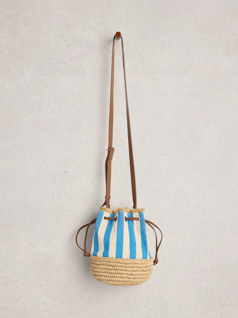 White Stuff Mia Stripe drawstring bag with canvas and raffia (British brand)