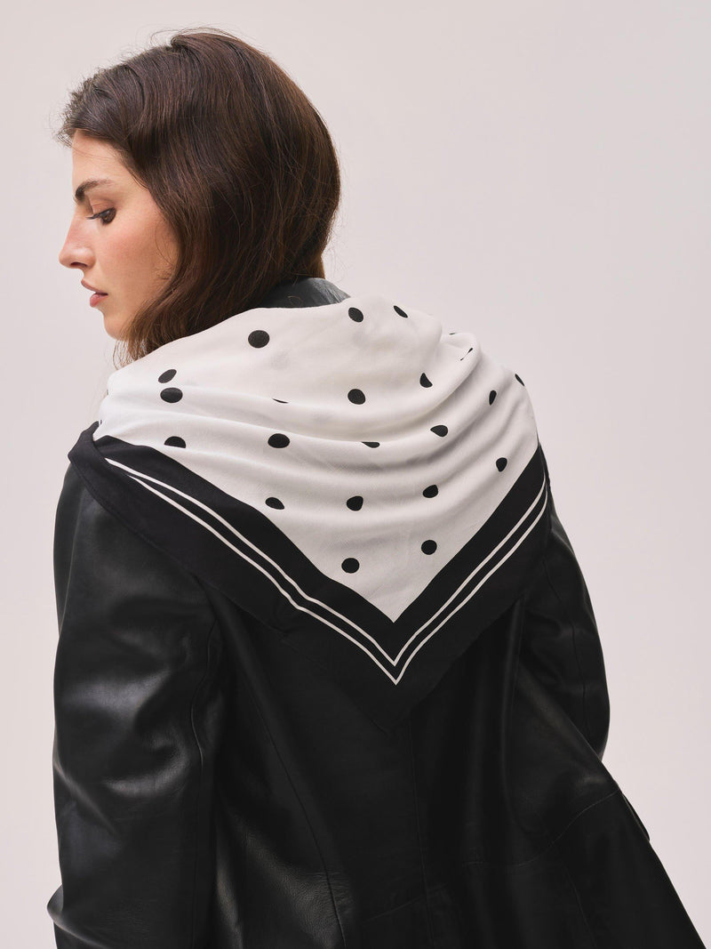 Mint Velvet polka dot contrast border scarf 90x90cm white black, UK version