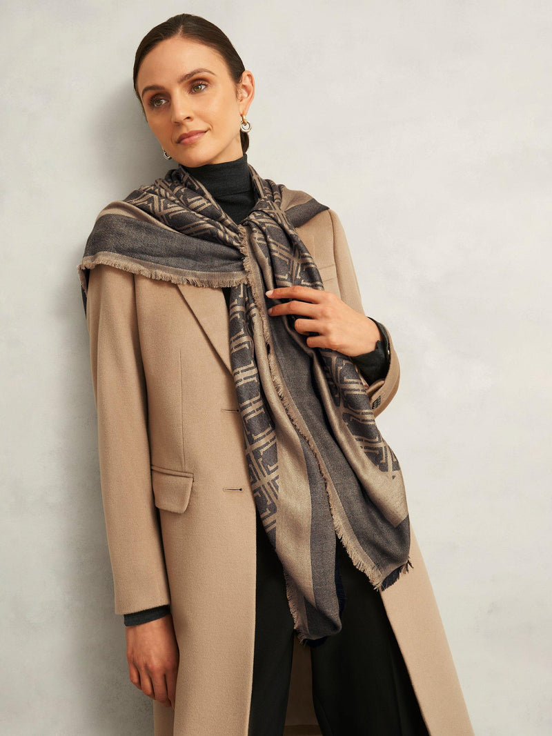 Hobbs Mora Insignia Print scarf Black/Camel 130cm - British product