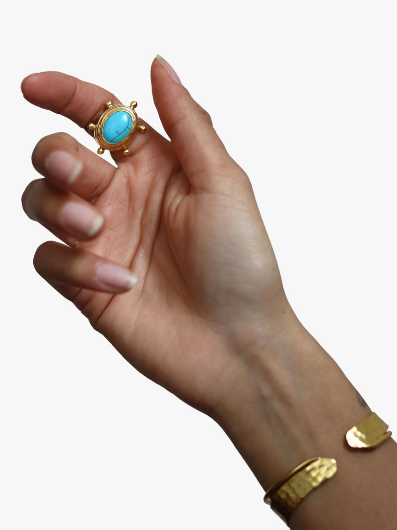 Ottoman Hands adjustable turquoise ring gold plated, UK version