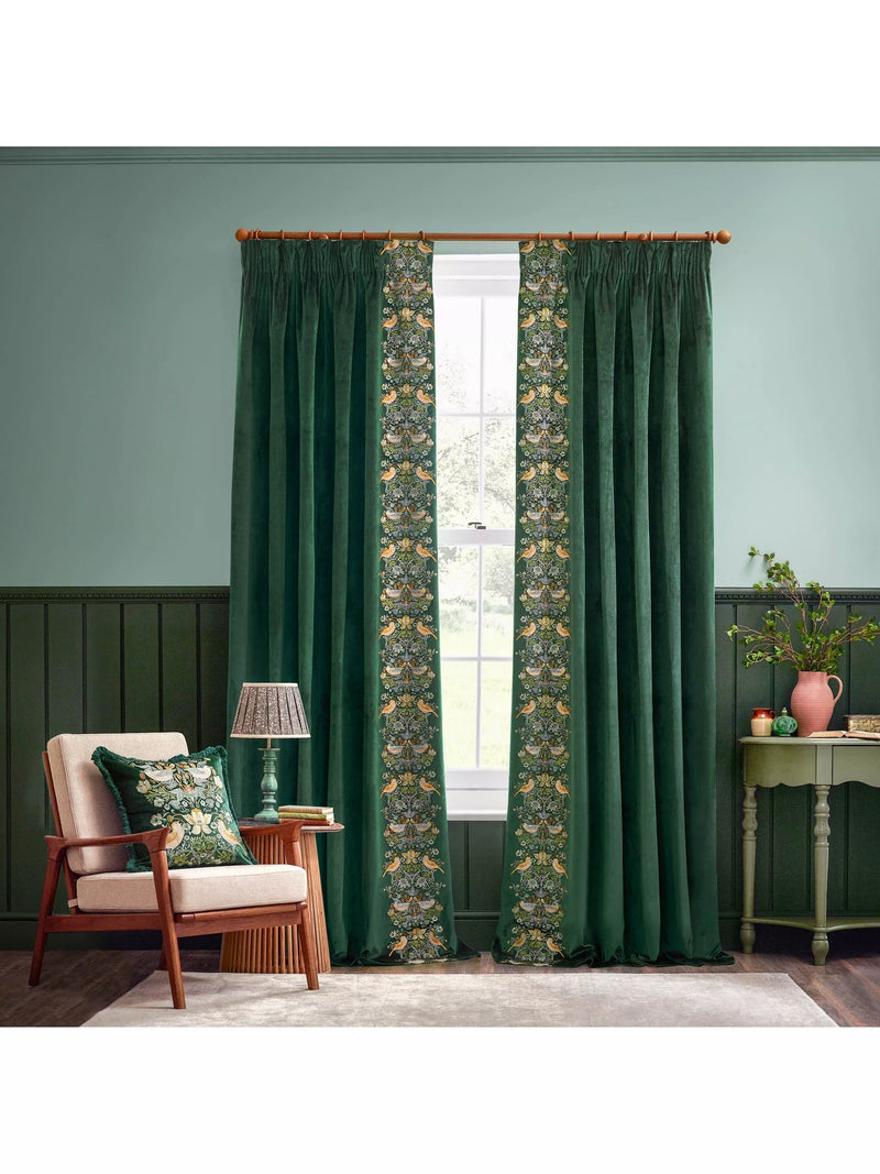 Morris & Co. Strawberry Thief Embroidered Lined Pencil Pleat Curtains Pair 117cm x 137cm