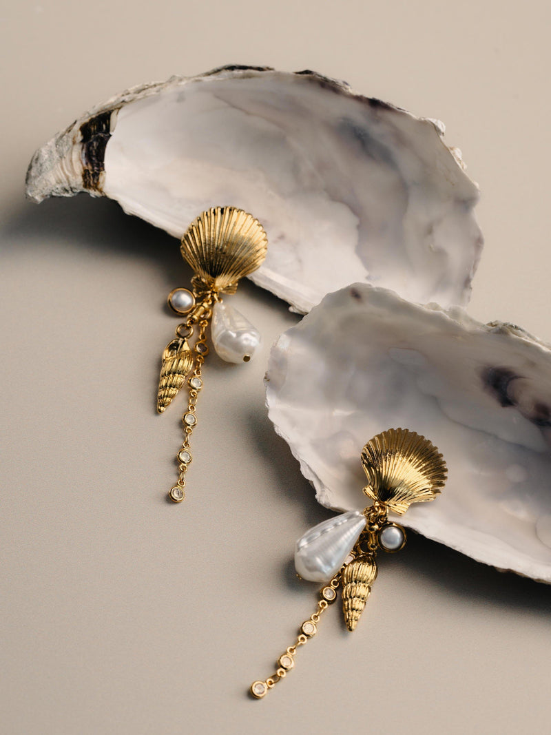 Orelia shell and pearl drop earrings gold plated, imported from the UK