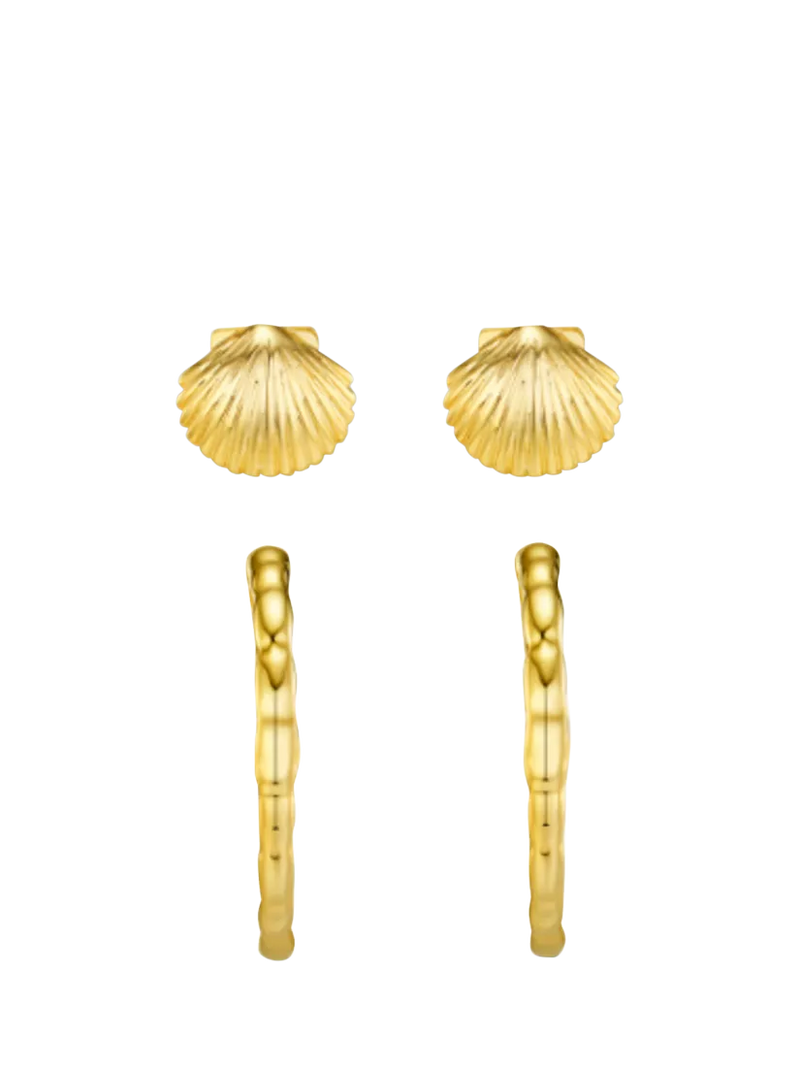 Orelia earring set shell stud and molten hoop pale gold (British brand)