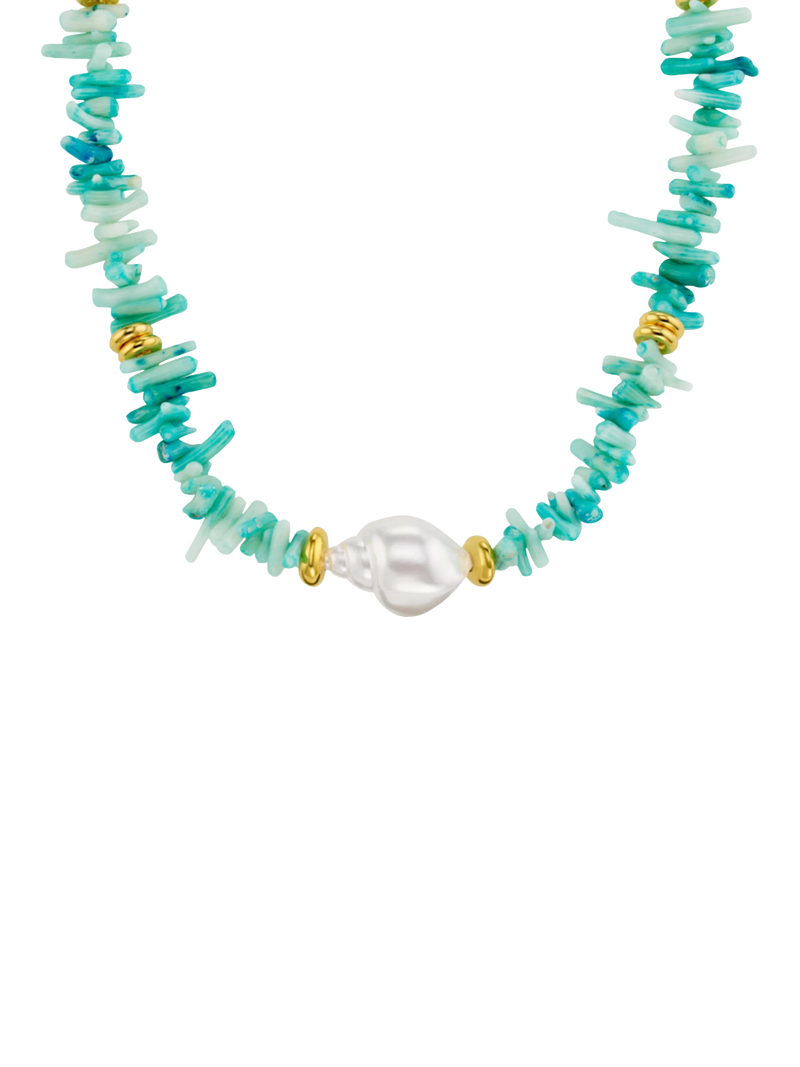 Orelia statement necklace with blue coral chips and pearls, gold plated, UK version
