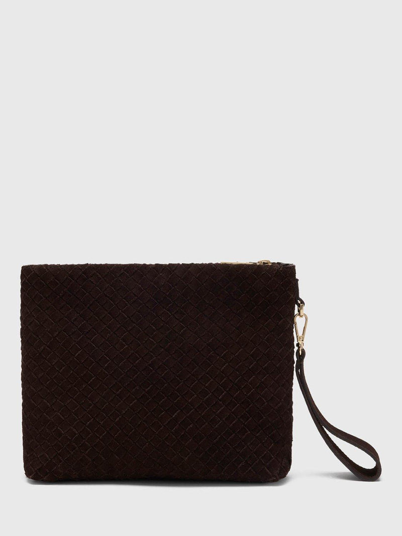 Whistles Avah woven suede clutch bag chocolate - British product