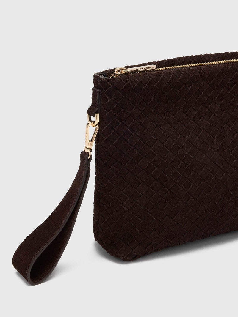 Whistles Avah woven suede clutch bag chocolate - British product