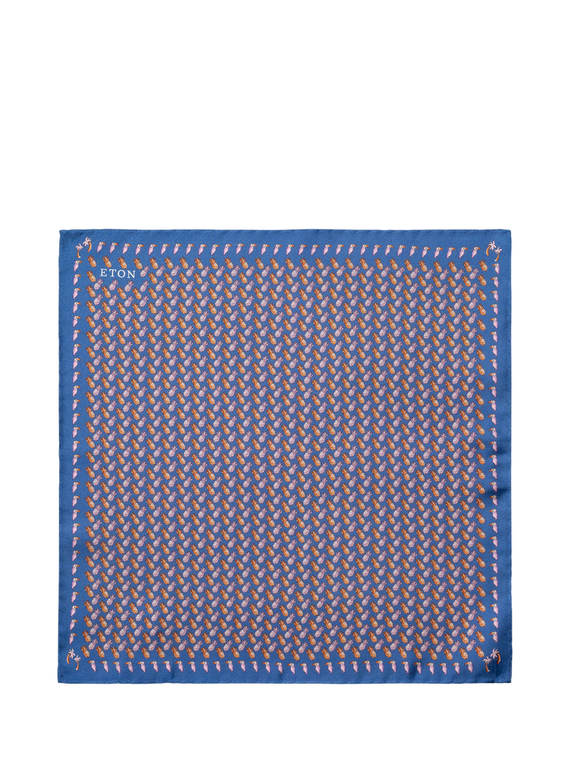 Eton blue silk pocket square pineapple print, UK version