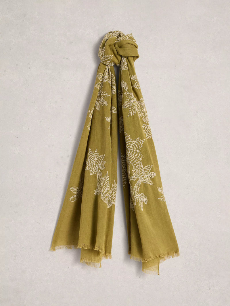 White Stuff embroidered scarf green organic cotton blend, imported from the UK