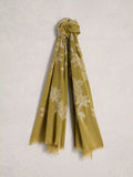 White Stuff embroidered scarf green organic cotton blend, imported from the UK