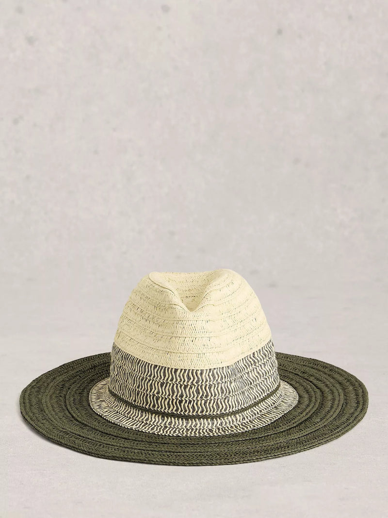 White Stuff Colourblock fedora hat khaki green, UK version