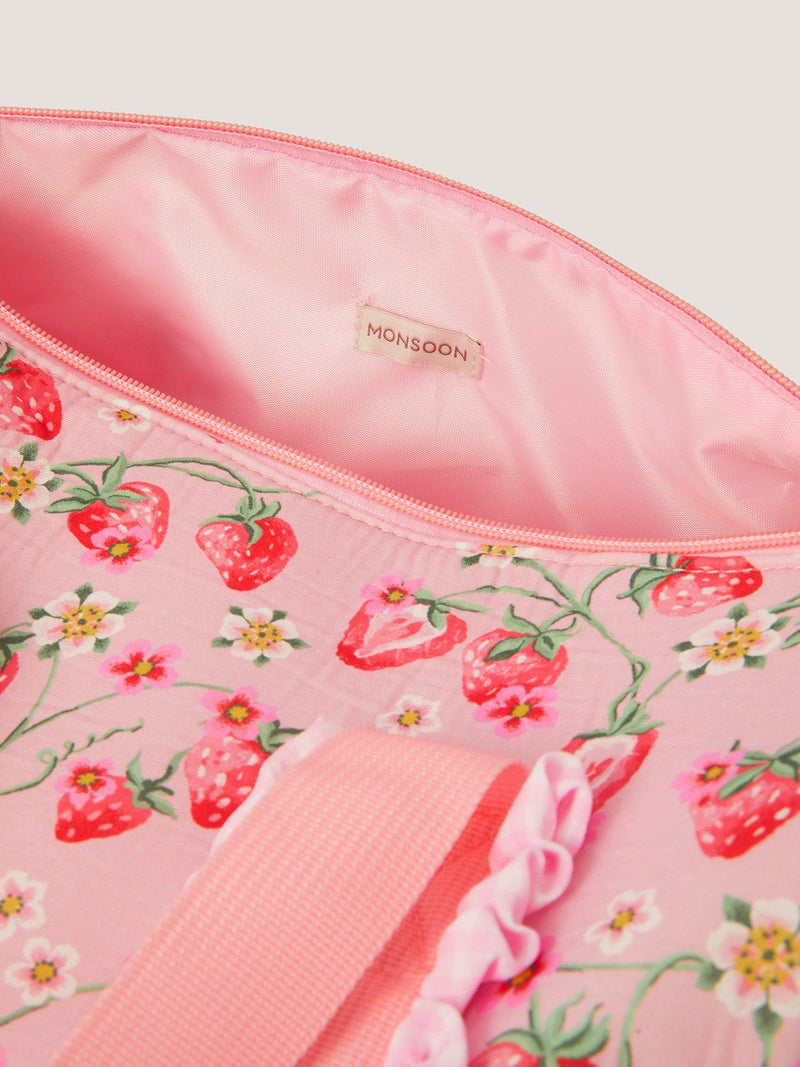 Monsoon strawberry gingham duffle bag for kids, imported from the UK