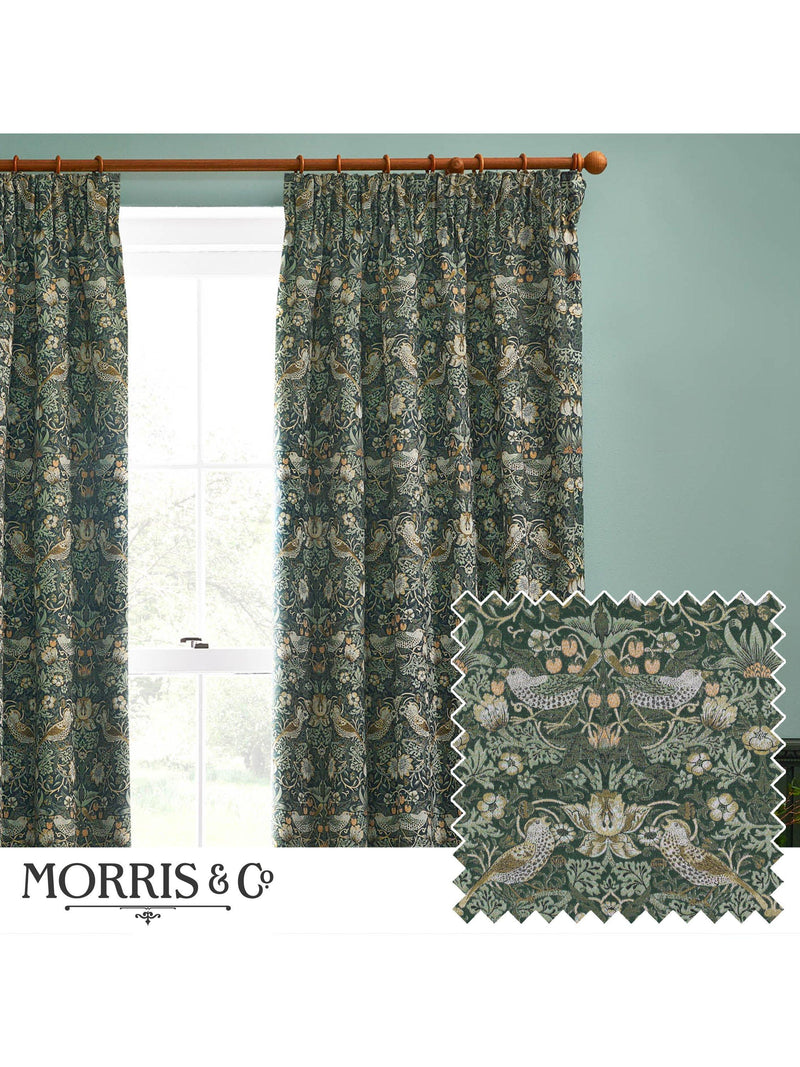 Morris & Co Strawberry Thief curtains in forest green - British product