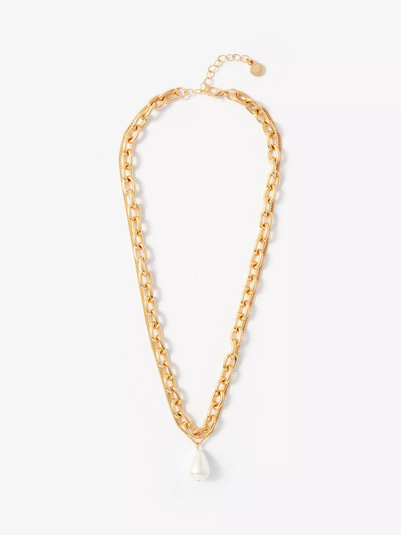 Mint Velvet gold double layer chain necklace with pearl drop, UK version
