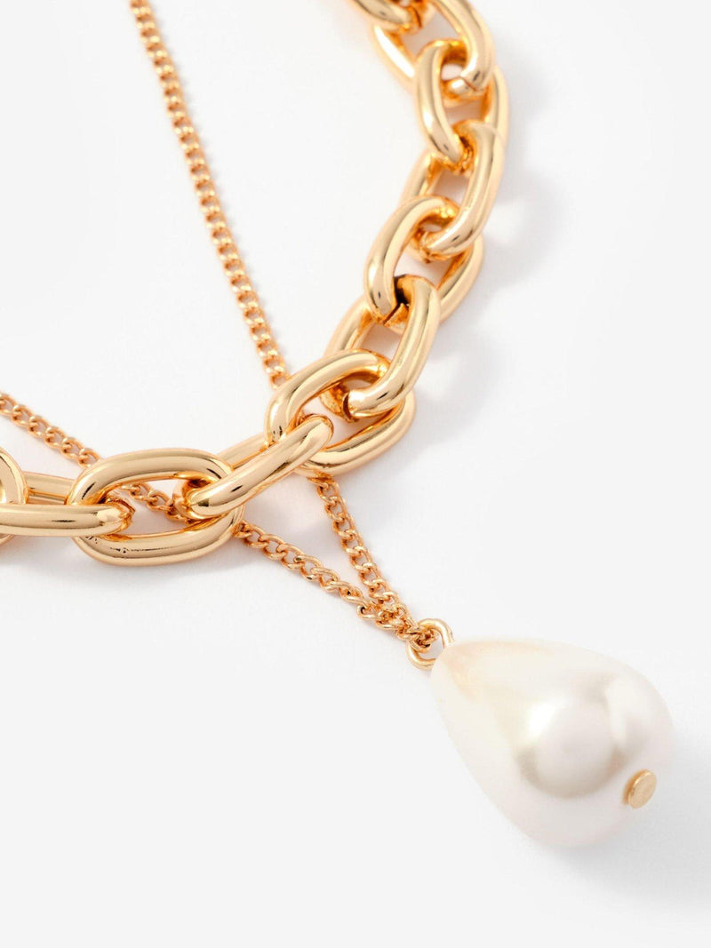 Mint Velvet gold double layer chain necklace with pearl drop, UK version