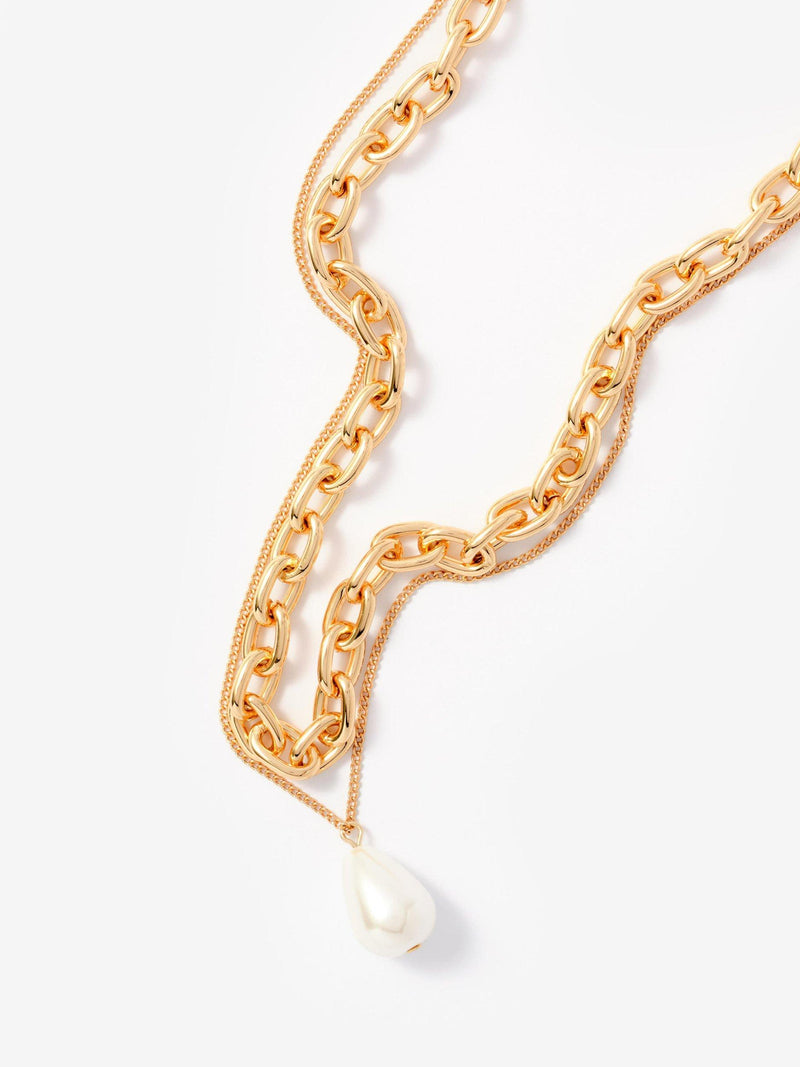 Mint Velvet gold double layer chain necklace with pearl drop, UK version