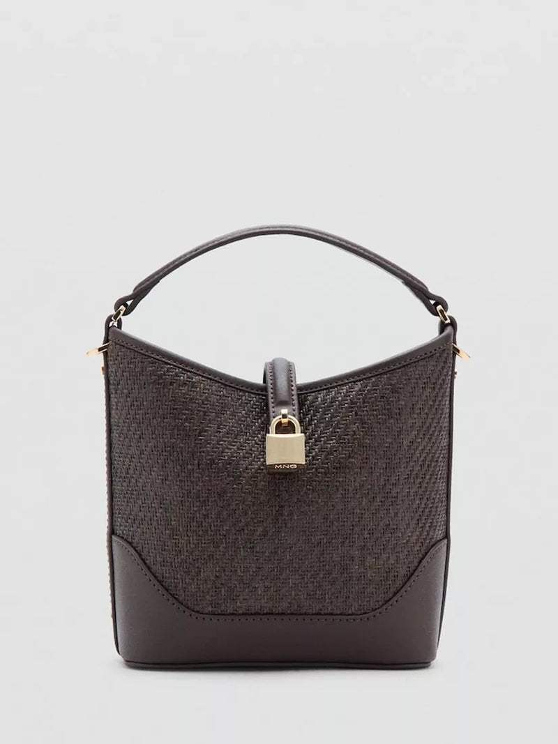 Mango woven raffia bucket bag chocolate, UK version