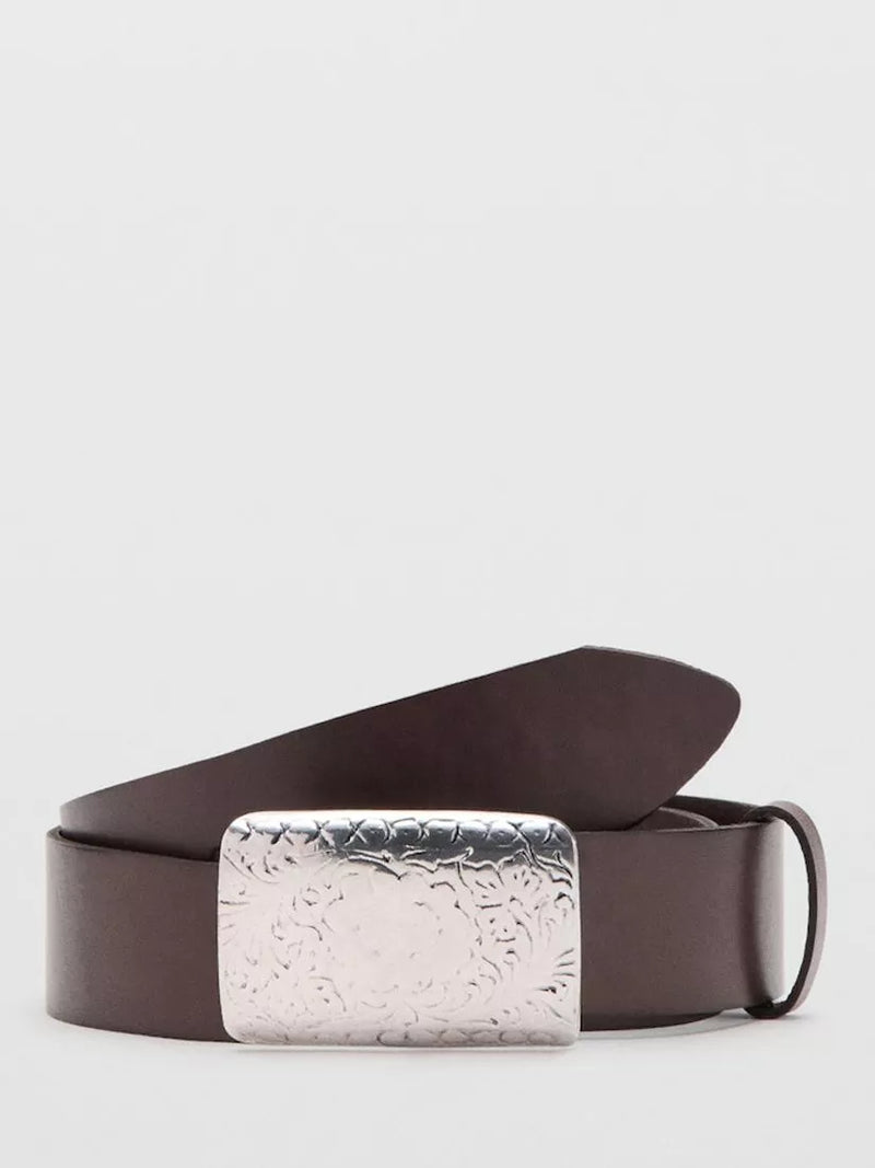 Mango leather belt chocolate engraved buckle, UK version