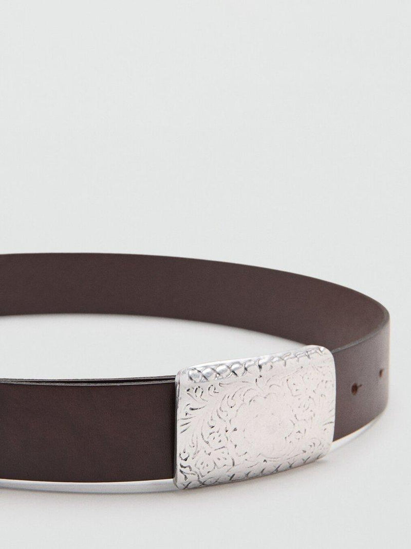 Mango leather belt chocolate engraved buckle, UK version
