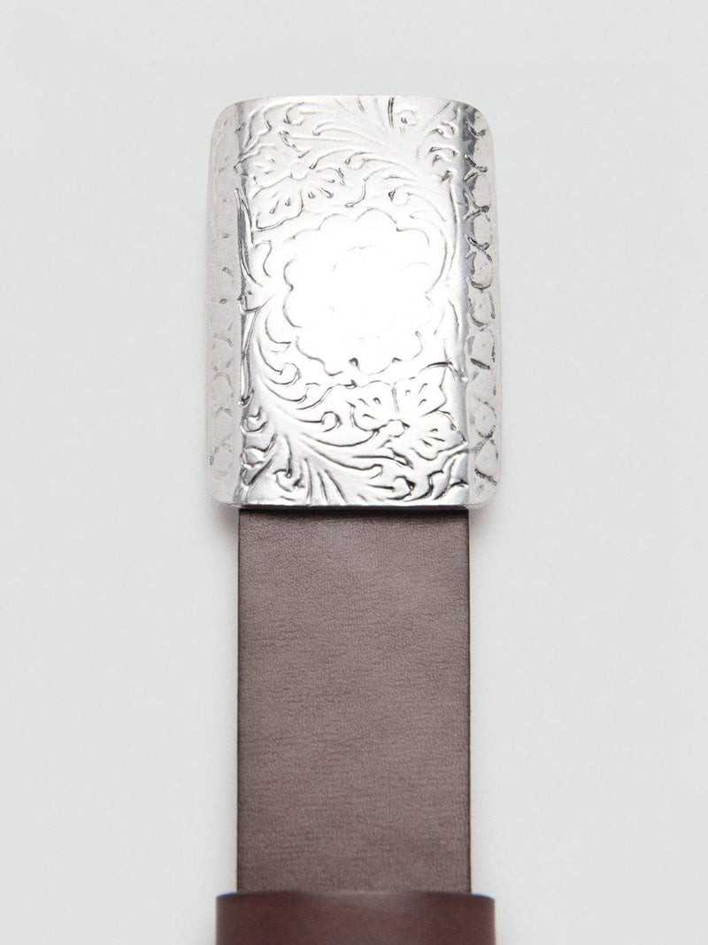 Mango leather belt chocolate engraved buckle, UK version