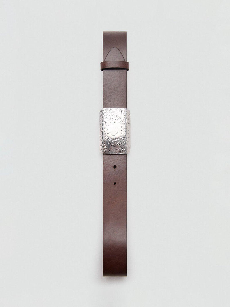 Mango leather belt chocolate engraved buckle, UK version